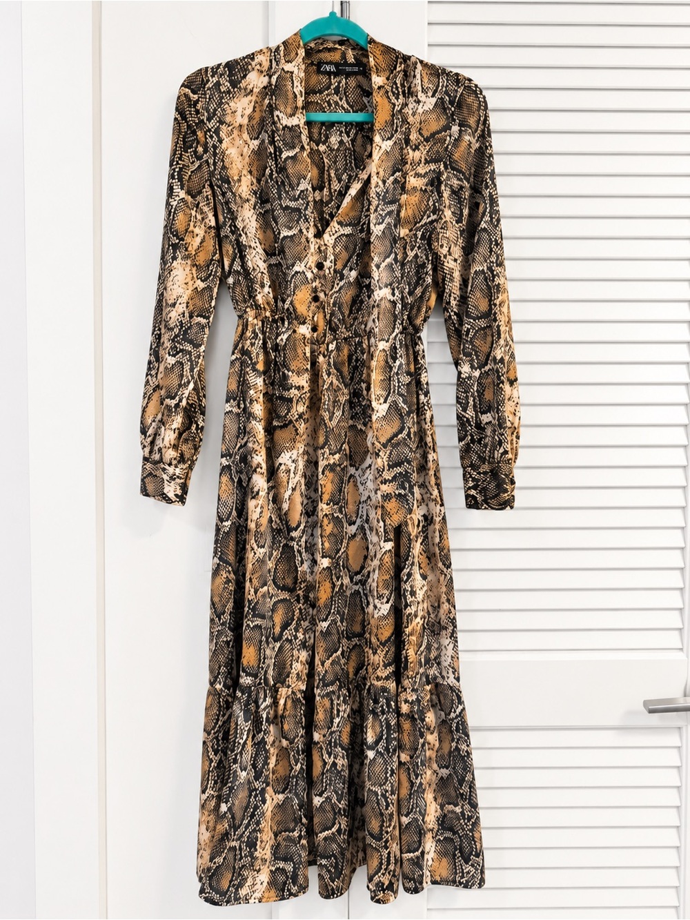 Zara Tan and Black Snake-Print Long Sleeve Midi Dress